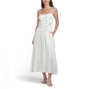 CAMILA COELHO LINEN BLEND FIT AND FLARE FLORAL EMBROIDERED MIDI DRESS Cream M